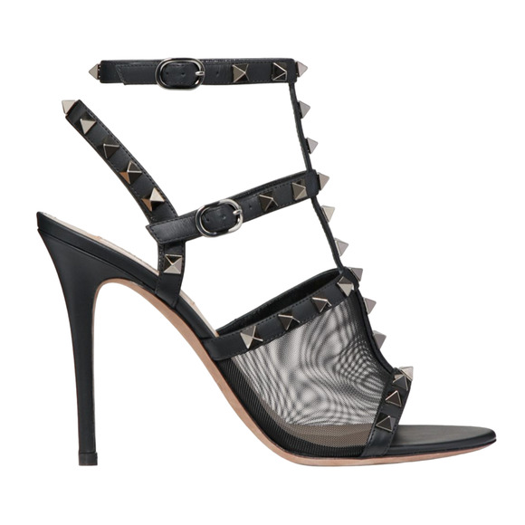 Valentino Rockstud 105 Black Mesh Stud Cage Ankle Strap Sandal Heel Pump 36 - Picture 1 of 12